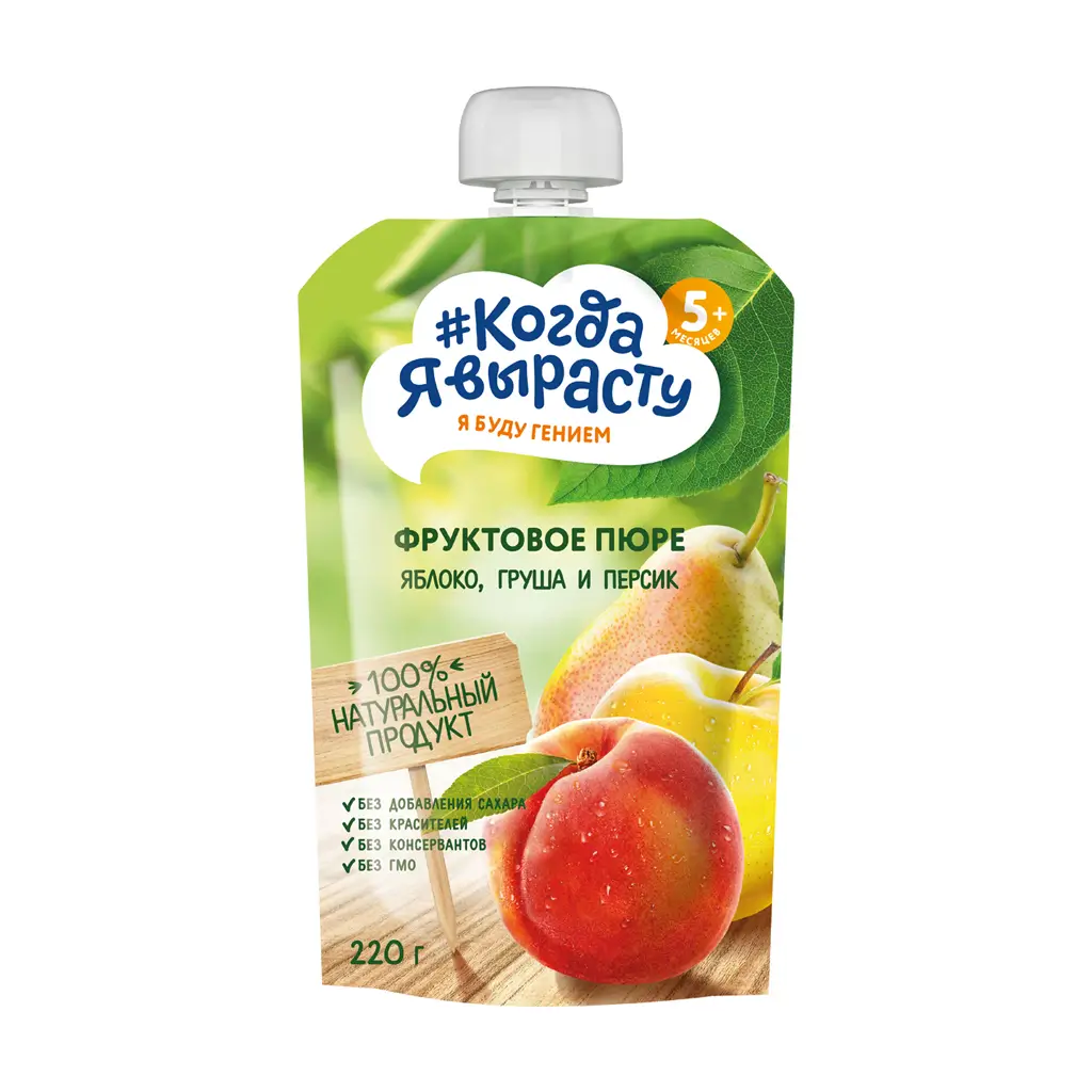 Когда вырасту - фруктовое пюре яблоко, груша, персик, 5 мес, 220г