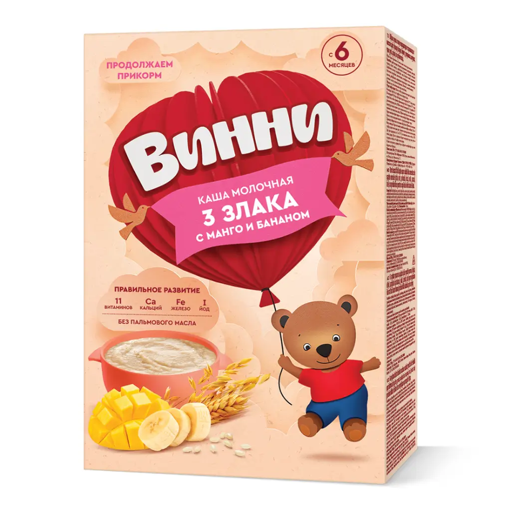 Vini - Milk porridge, 3 types of grains with mango and banana, from 6 months