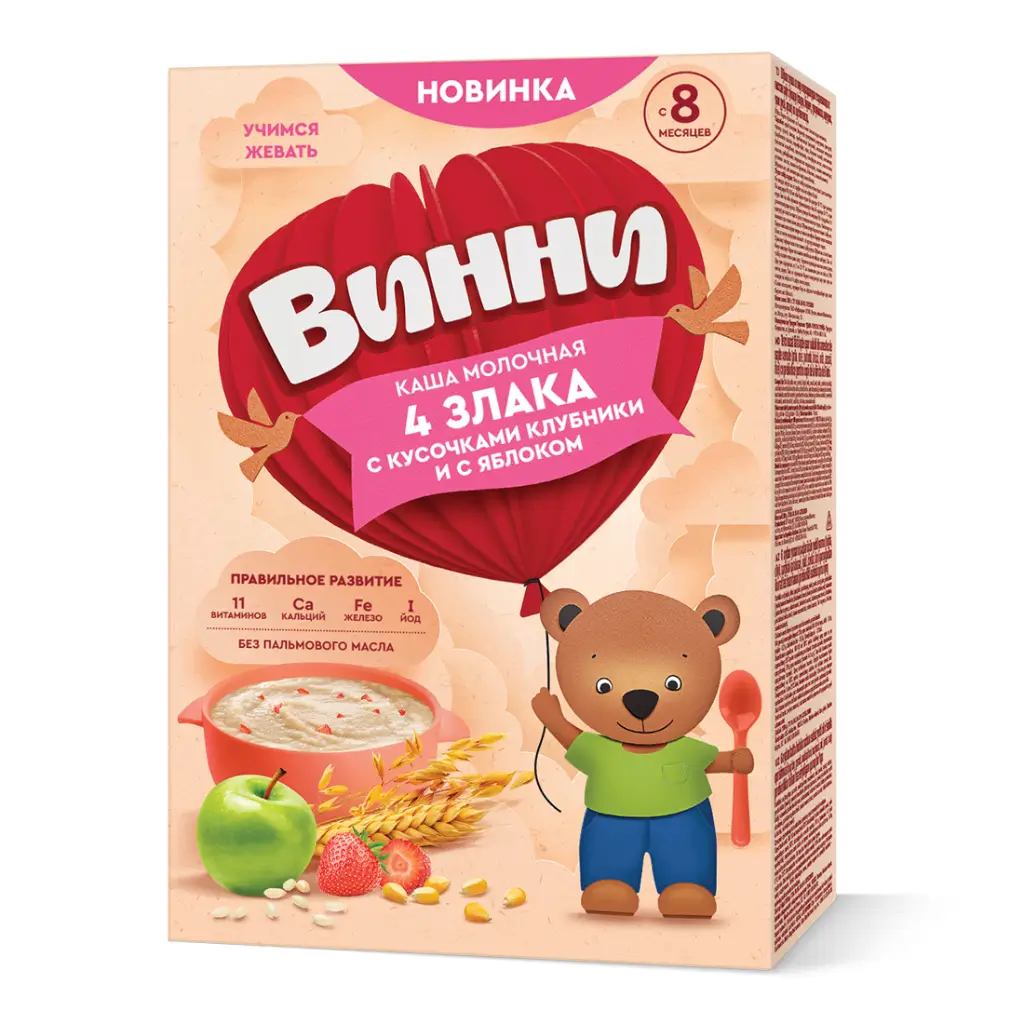 Винни – каша молочная, 4 злака с клубникой и яблоком, с 8 месяцев