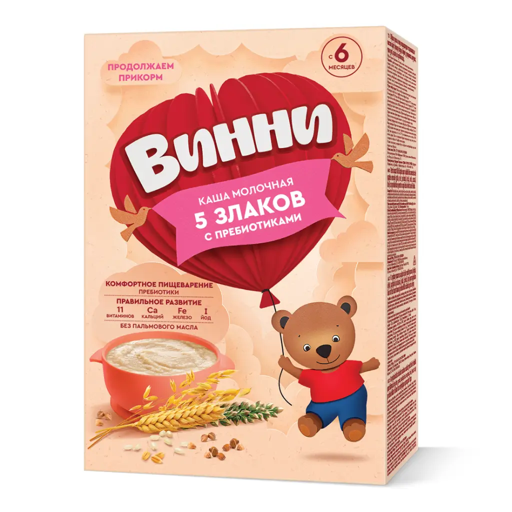 Винни – каша молочная, 5 злаков, с 6 месяцев