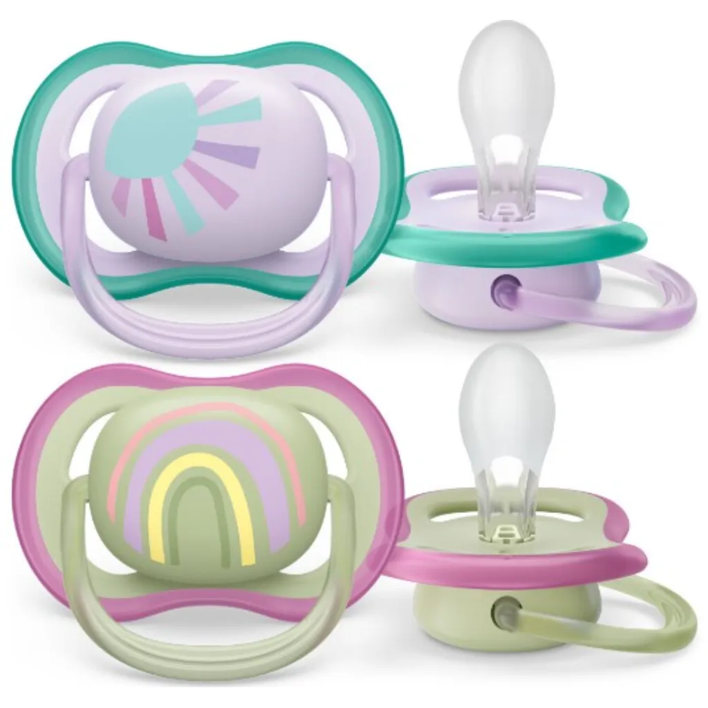 Avent Ultra Air Pacifier, 0-6 Months, Sun & Rainbow Color, Girl, 2pk