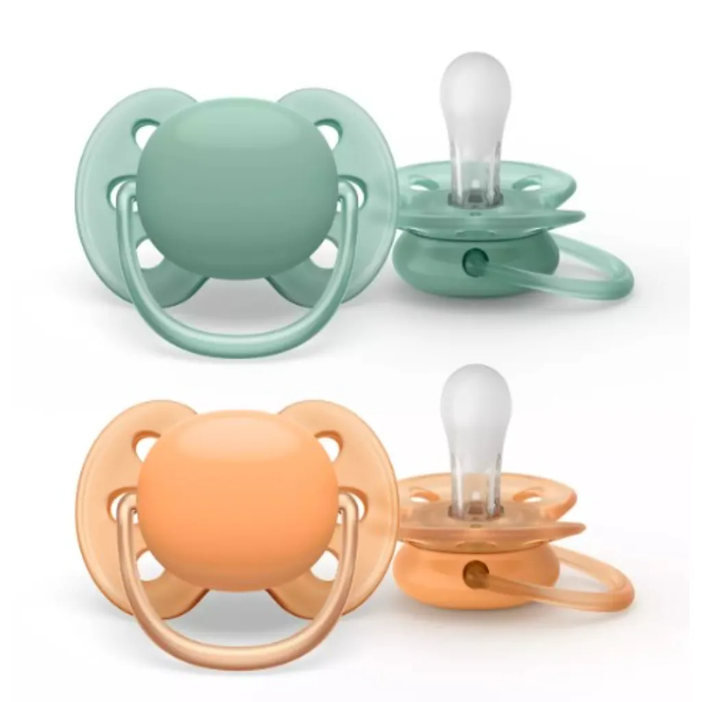 Avent — пустышка Ultra Soft 0-6 мес, ярко-зеленый и персиковый, 2 шт