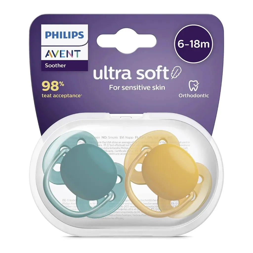 Avent Ultra Soft Pacifier 0-6 Months, Orange and Green, 2pk