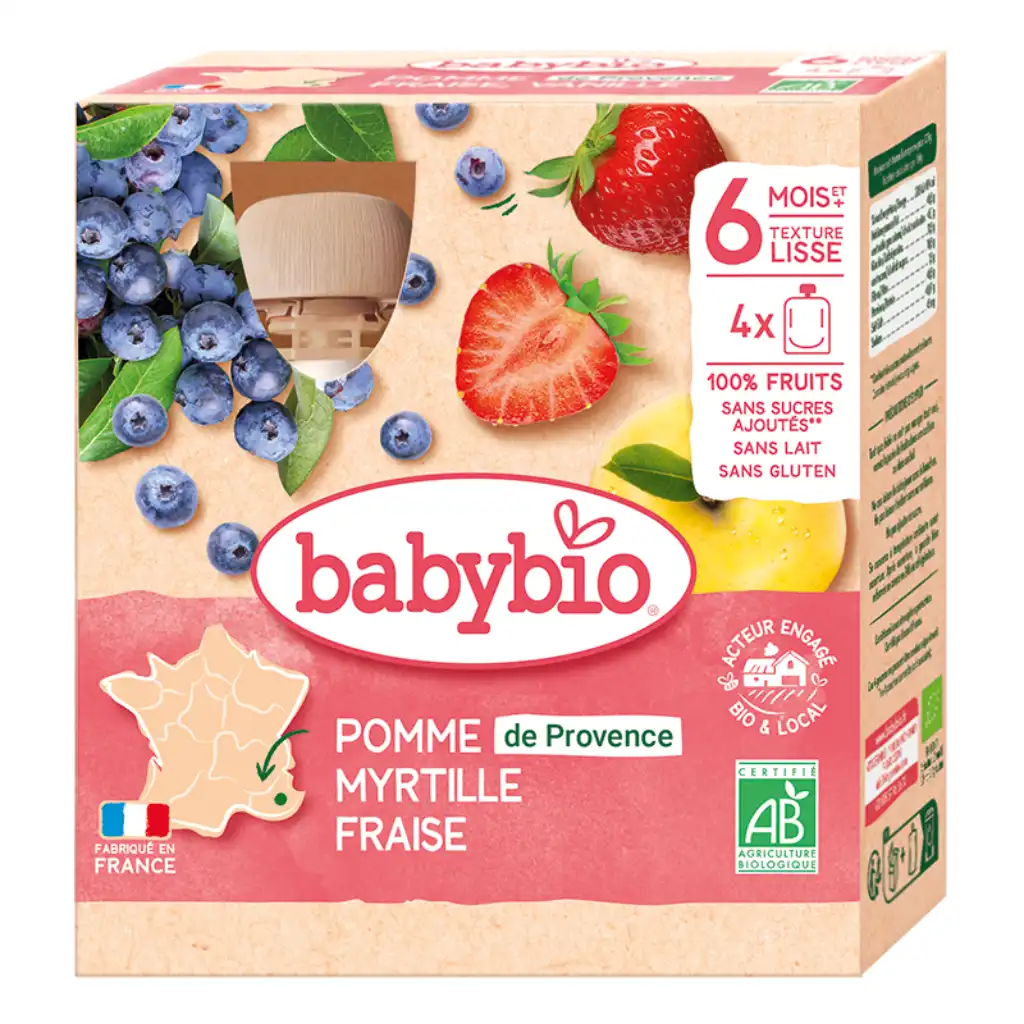 Babybio - Fruit puree blueberry, strawberry and apple, 6 months, 90g x 4 pcs