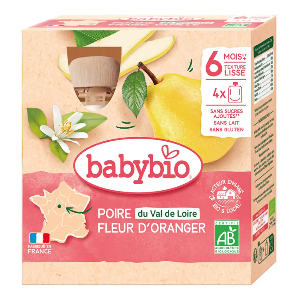 Babybio - Pear and Orange Blossom Fruit Puree, 6 months, 90g x 4 pcs