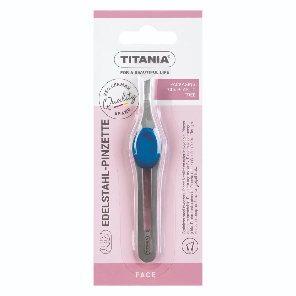 Titania Tweezers with slanted tip, blue details, "INOX