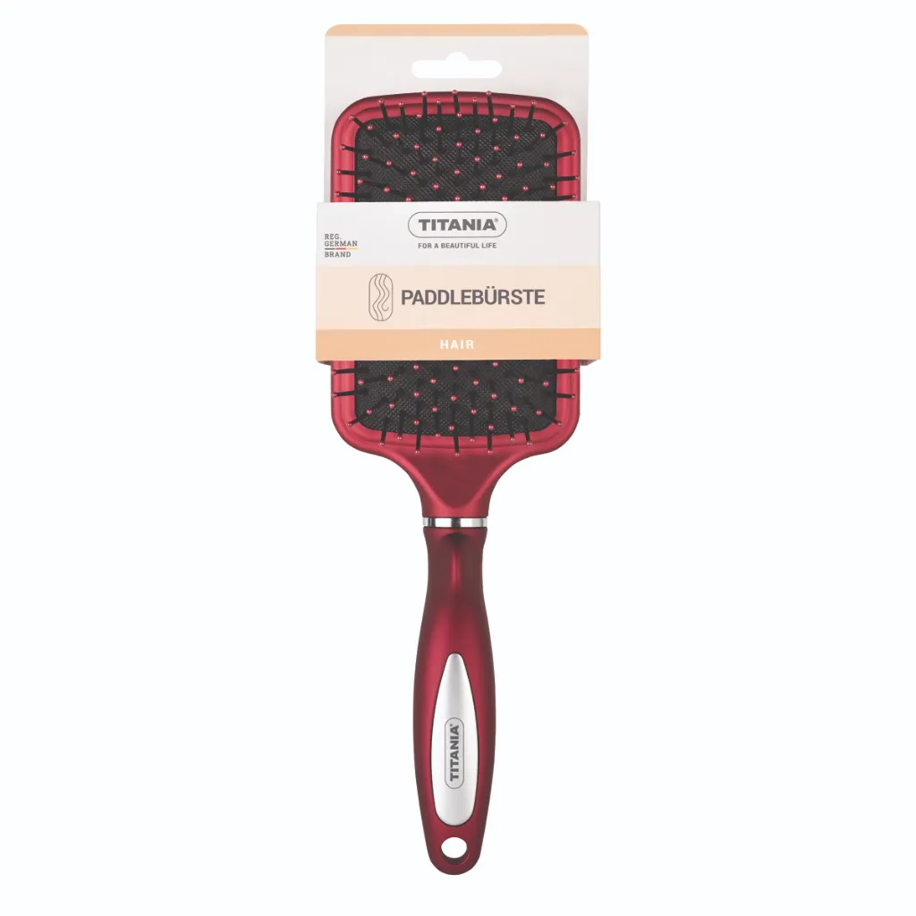 Titania hair brush, red-silver, rectangular, 23.5cm