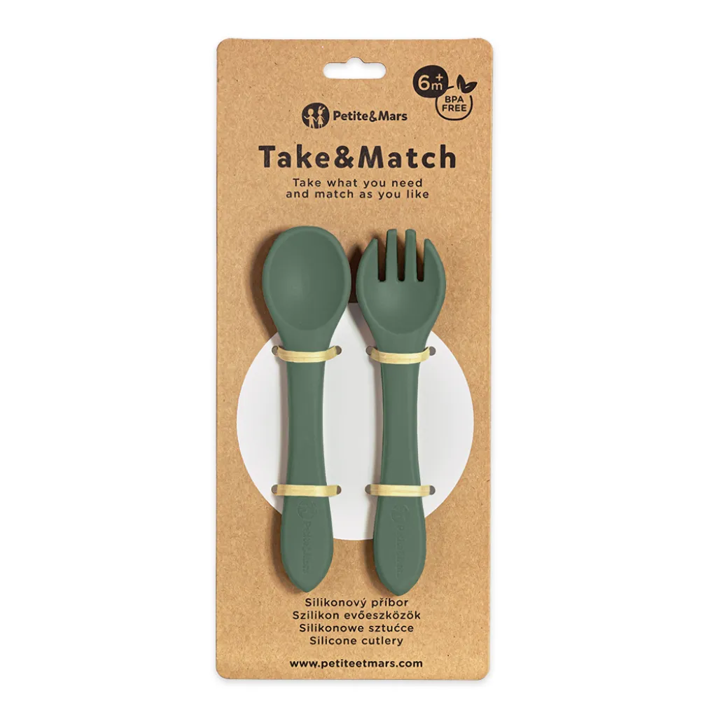 PETITE&MARS TAKE&MATCH Silicone Spoon and Fork Green, 6 Months+