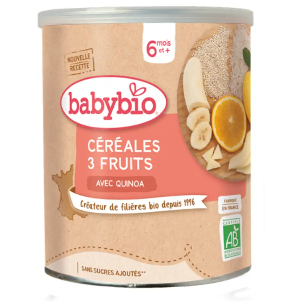 babybio-papa-urdzeo-3-martsvali-khilis-miksit-6-tv-220g ბეიბიბიო - ფაფა ურძეო, 3 მარცვალი ხილის მიქსით, 6 თვ, 220გ. - Image 1